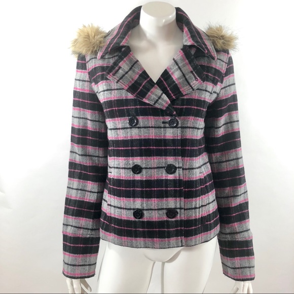 PINK Victoria's Secret Jackets & Blazers - VS PINK Coat Medium Faux Fur Hood Pink Gray Plaid